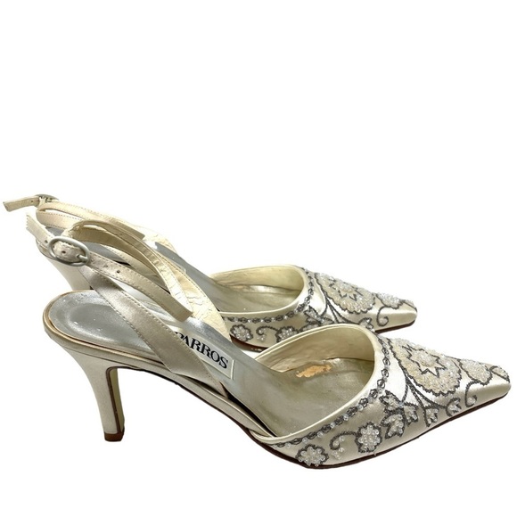 Caparros Beaded Satin Ecru Heels Ankle Straps Pointed Toe Silver Stitching  7.5 - Picture 11 of 15